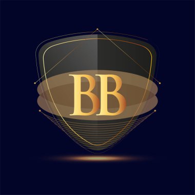 Kalkan simgesi olan ilk logo harfi BB koyu arkaplan üzerinde izole edilmiş altın rengi, şirket kimliği için logotip tasarımı.