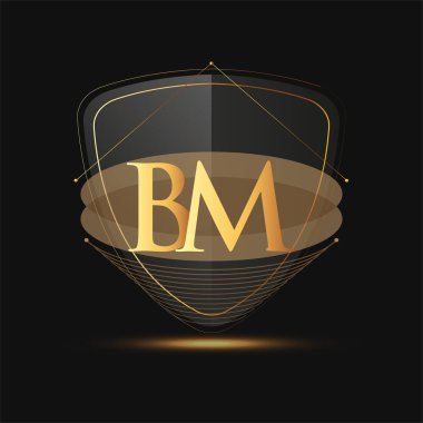 Kalkan simgesi olan ilk logo harfi BM Koyu arkaplan üzerinde izole edilmiş altın renk, şirket kimliği için logotip tasarımı.