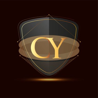 Kalkan simgesi olan ilk logo harfi CY koyu arkaplan üzerinde izole edilmiş altın renk, şirket kimliği için logotip tasarımı.