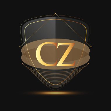 Kalkan simgesi ile ilk logo harfi CZ koyu arkaplan üzerinde izole edilmiş altın rengi, şirket kimliği için logotip tasarımı.
