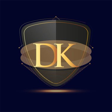 Kalkan simgesi olan ilk logo harfi DK koyu arkaplan üzerinde izole edilmiş altın renk, şirket kimliği için logotip tasarımı.