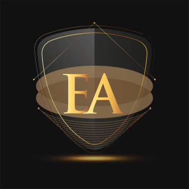 Kalkan simgesi olan ilk logo harfi EA koyu arkaplan üzerinde izole edilmiş altın renk, şirket kimliği için logotip tasarımı.
