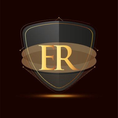 Kalkan simgesi olan ilk logo harfi ER koyu arkaplan üzerinde izole edilmiş altın renk, şirket kimliği için logotip tasarımı.