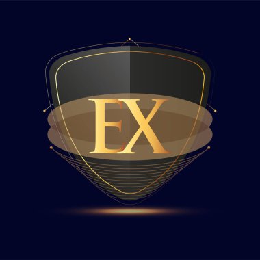 Kalkan simgesi olan ilk logo harfi EX koyu arkaplan üzerinde izole edilmiş altın renk, şirket kimliği için logotip tasarımı.