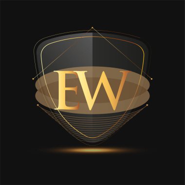 İlk logo harfi EW kalkan simgesi altın rengi ile koyu arkaplanda izole edilmiş, şirket kimliği için logotip tasarımı.