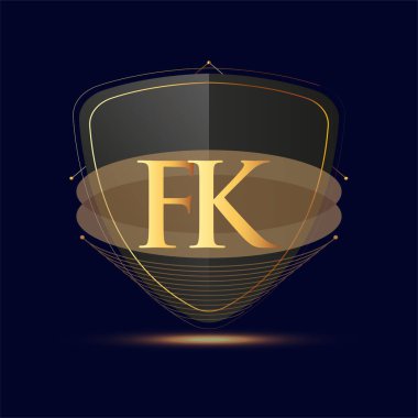 Kalkan simgesi altın rengi koyu arkaplanda izole edilmiş ilk logo harfi FK, şirket kimliği için logotip tasarımı.
