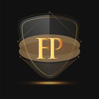 Kalkan simgesi olan ilk logo harfi FP koyu arkaplan üzerinde izole edilmiş altın renk, şirket kimliği için logotip tasarımı.