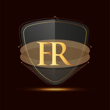 Kalkan simgesi altın rengi koyu arkaplanda izole edilmiş ilk logo harfi FR, şirket kimliği için logotip tasarımı.