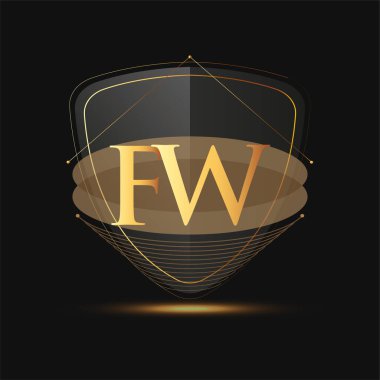 Kalkan simgesi ile ilk logo harfi FW koyu arkaplan üzerinde izole edilmiş altın rengi, şirket kimliği için logotip tasarımı.