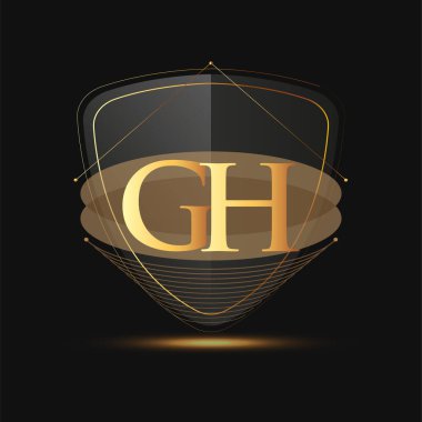 Kalkan simgesi altın rengine sahip ilk logo harfi GH koyu arkaplan üzerinde izole edilmiş, şirket kimliği için logotip tasarımı.