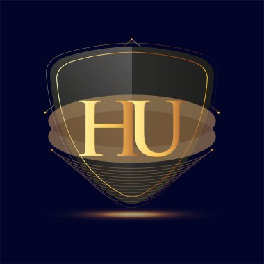 Kalkan simgesi olan ilk logo harfi HU koyu arkaplan üzerinde izole edilmiş altın renk, şirket kimliği için logotip tasarımı.