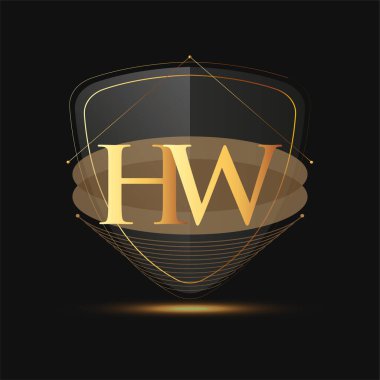 Kalkan simgesi olan ilk logo harfi HW koyu arkaplan üzerinde izole edilmiş altın rengi, şirket kimliği için logotip tasarımı.