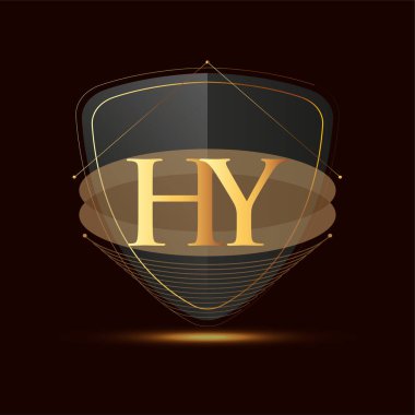 Kalkan simgesi olan ilk logo harfi HY koyu arkaplan üzerinde izole edilmiş altın renk, şirket kimliği için logotip tasarımı.