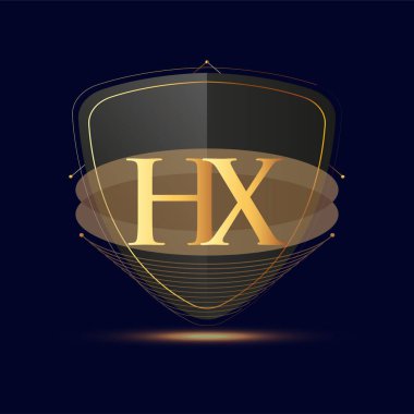 Kalkan simgesi ile ilk logo harfi HX koyu arkaplan üzerinde izole edilmiş altın renk, şirket kimliği için logotip tasarımı.