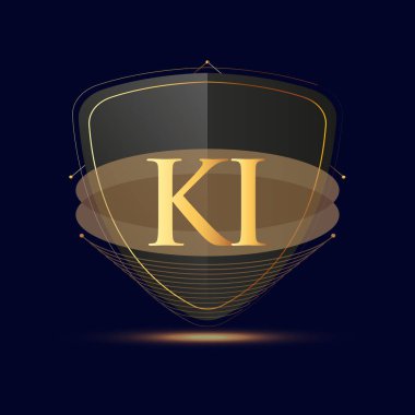 Kalkan simgesi olan ilk logo harfi KI koyu arkaplan üzerinde izole edilmiş altın renk, şirket kimliği için logotip tasarımı.