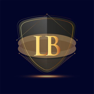 Kalkan simgesi olan ilk logo harfi LB koyu arkaplan üzerinde izole edilmiş altın renk, şirket kimliği için logotype tasarımı.