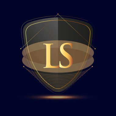 Kalkan simgesi olan ilk logo harfi LS. Koyu arkaplan üzerinde izole edilmiş altın renk. Şirket kimliği için logotip tasarımı..