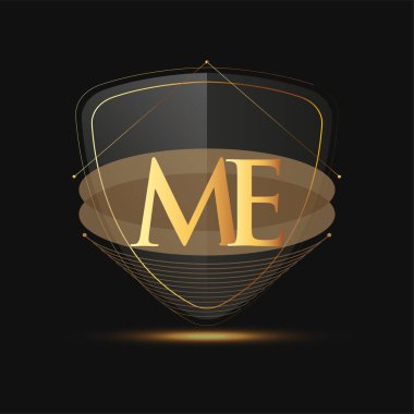Kalkan simgesi ile ilk logo harfi ME Koyu arkaplan üzerinde izole edilmiş altın renk, şirket kimliği için logotip tasarımı.