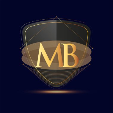 Kalkan simgesi olan ilk logo harfi MB koyu arkaplan üzerinde izole edilmiş altın renk, şirket kimliği için logotip tasarımı.