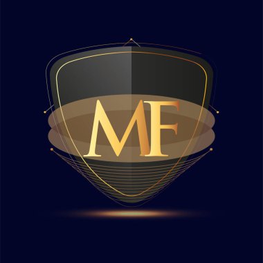 Kalkan simgesi olan ilk logo harfi MF koyu arkaplan üzerinde izole edilmiş altın rengi, şirket kimliği için logotip tasarımı.