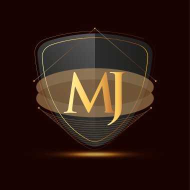 Kalkan simgesi olan ilk logo harfi M.J. Koyu arkaplan üzerinde izole edilmiş altın rengi, şirket kimliği için logotip tasarımı.