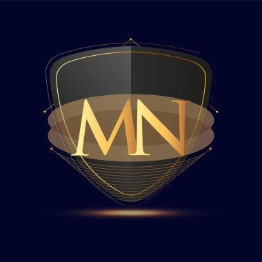 Kalkan simgesi olan ilk logo harfi MN koyu arkaplan üzerinde izole edilmiş altın rengi, şirket kimliği için logotip tasarımı.