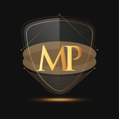 Kalkan simgesi olan ilk logo harfi MP koyu arkaplan üzerinde izole edilmiş altın renk, şirket kimliği için logotip tasarımı.
