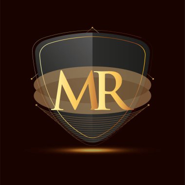 Kalkan simgesi olan ilk logo harfi MR koyu arkaplan üzerinde izole edilmiş altın rengi, şirket kimliği için logotip tasarımı.