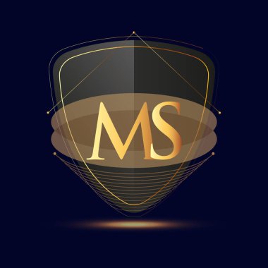 Kalkan simgesi olan ilk logo harfi MS koyu arkaplan üzerinde izole edilmiş altın renk, şirket kimliği için logotip tasarımı.
