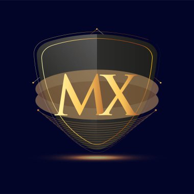 Kalkan simgesi olan ilk logo harfi MX koyu arkaplan üzerinde izole edilmiş altın renk, şirket kimliği için logotip tasarımı.