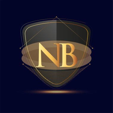 Kalkan simgesi olan ilk logo harfi NB koyu arkaplan üzerinde izole edilmiş altın rengi, şirket kimliği için logotip tasarımı.