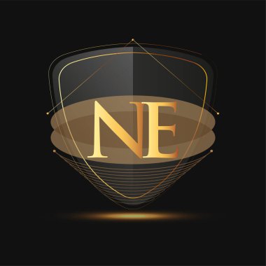 Koyu arkaplan üzerinde simge altın rengi olan ilk logo harfi NE, şirket kimliği için logoti tasarımı.