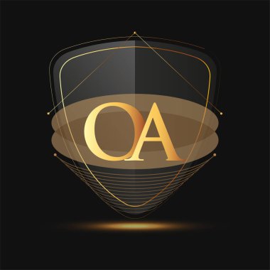 Kalkan simgesi olan ilk logo harfi OA koyu arkaplan üzerinde izole edilmiş altın rengi, şirket kimliği için logotip tasarımı.