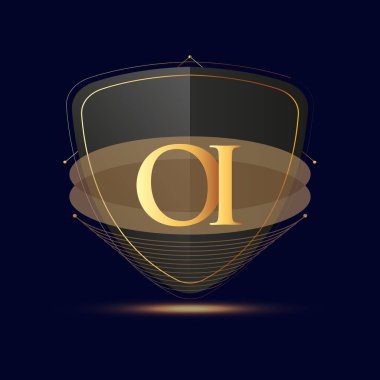 Kalkan simgesi olan ilk logo harfi OI koyu arkaplan üzerinde izole edilmiş altın renk, şirket kimliği için logotip tasarımı.