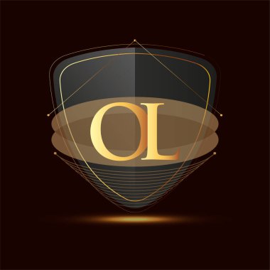 Kalkan simgesi ile ilk logo harfi OL koyu arkaplan üzerinde izole edilmiş altın renk, şirket kimliği için logotip tasarımı.
