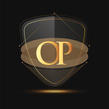 Kalkan simgesi olan ilk logo harfi OP koyu arkaplan üzerinde izole edilmiş altın renk, şirket kimliği için logotip tasarımı.