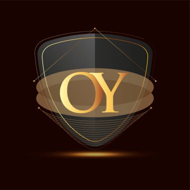 Kalkan simgesi olan ilk logo harfi OY koyu arkaplan üzerinde izole edilmiş altın renk, şirket kimliği için logotip tasarımı.