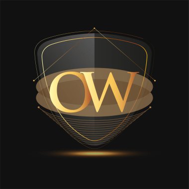 Kalkan simgesi olan ilk logo harfi OW koyu arkaplan üzerinde izole edilmiş altın renk, şirket kimliği için logotip tasarımı.