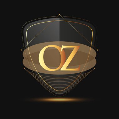 Kalkan simgesi olan ilk logo harfi OZ koyu arkaplan üzerinde izole edilmiş altın renk, şirket kimliği için logotip tasarımı.