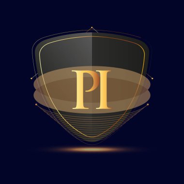 Kalkan simgesi altın rengi olan ilk logo harfi PI koyu arkaplan üzerinde izole edilmiş, şirket kimliği için logotip tasarımı.