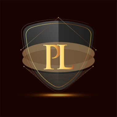 Kalkan simgesi olan ilk logo harfi PL koyu arkaplan üzerinde izole edilmiş altın renk, şirket kimliği için logotip tasarımı.