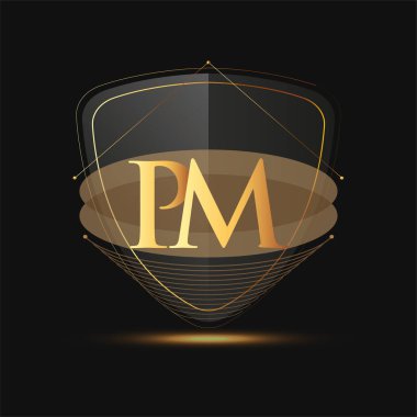 Kalkan simgesi altın rengine sahip ilk logo başbakanı koyu arkaplan üzerinde izole edilmiş, şirket kimliği için logotip tasarımı.