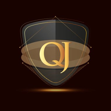 Kalkan simgesi ile ilk logo harfi QJ. Koyu arkaplan üzerinde altın rengi izole edilmiş, şirket kimliği için logotip tasarımı..