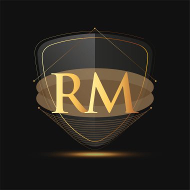 Kalkan simgesi olan ilk logo harfi RM koyu arkaplan üzerinde izole edilmiş altın renk, şirket kimliği için logotip tasarımı.