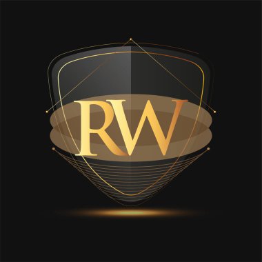 Kalkan simgesi olan ilk logo harfi RW koyu arkaplan üzerinde izole edilmiş altın rengi, şirket kimliği için logotip tasarımı.