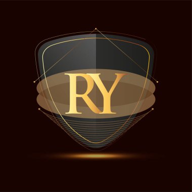 Koyu arka planda izole edilmiş kalkan simgesi altın rengi içeren ilk logo harfi RY, şirket kimliği için logotip tasarımı.