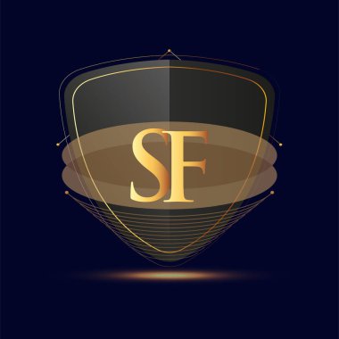 Kalkan simgesi olan ilk logo harfi SF koyu arkaplan üzerinde izole edilmiş altın renk, şirket kimliği için logotip tasarımı.