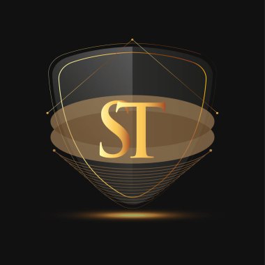 Kalkan simgesi olan ilk logo harfi ST koyu arkaplan üzerinde izole edilmiş altın renk, şirket kimliği için logotip tasarımı.