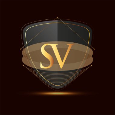 Kalkan simgesi olan ilk logo harfi SV koyu arkaplan üzerinde izole edilmiş altın renk, şirket kimliği için logotip tasarımı.