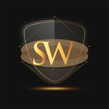 Kalkan simgesi olan ilk logo harfi SW koyu arkaplan üzerinde izole edilmiş altın rengi, şirket kimliği için logotip tasarımı.